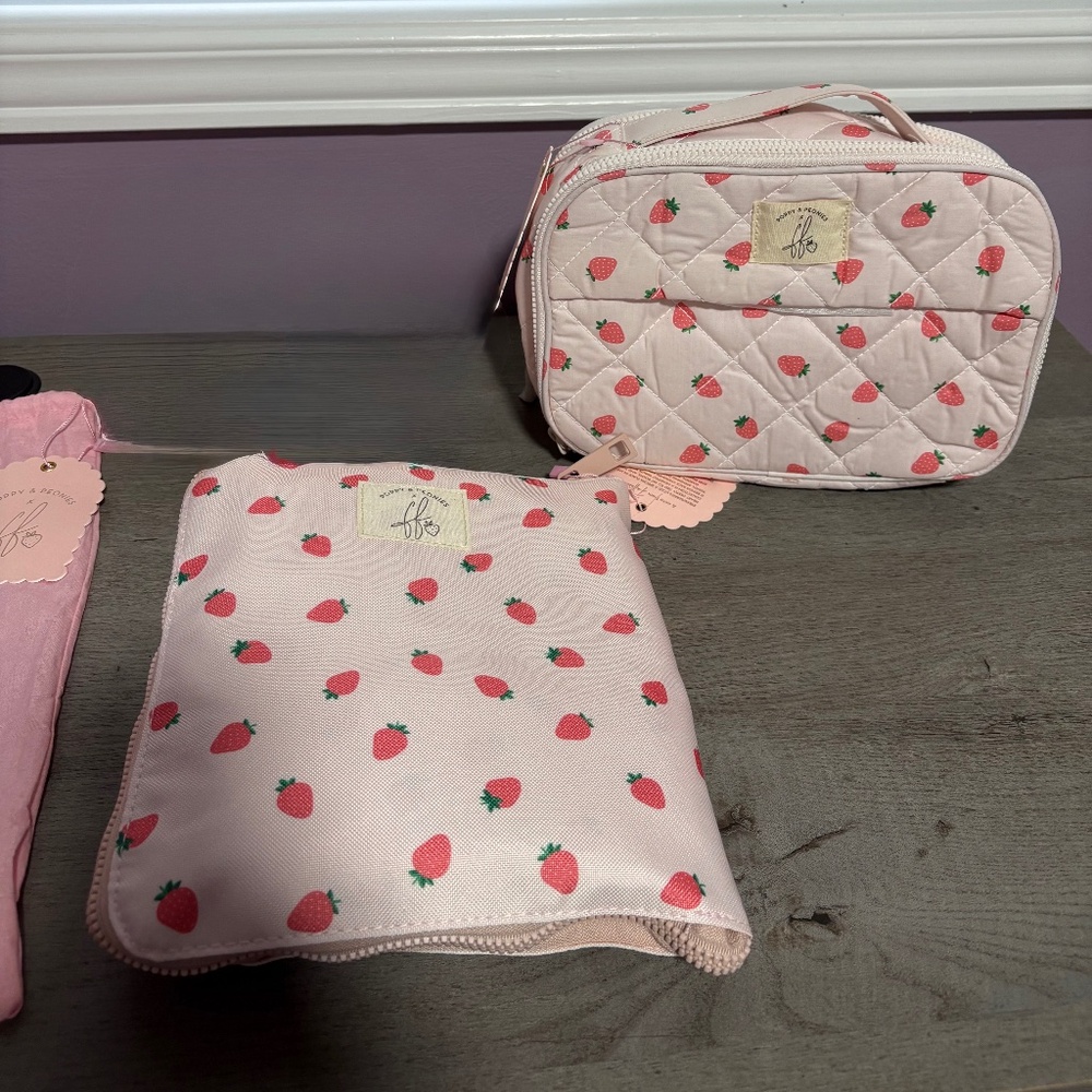 Strawberry Print Duffle Bag and Cosmetic Bag